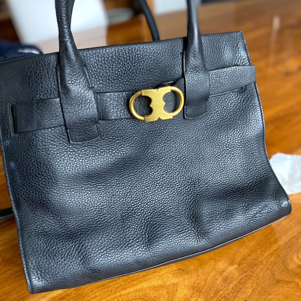 Tory Burch Black Pebbled Leather Gemini Link Tote
